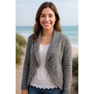 Roxy Boho Surf Open Front Shawl Collar Knit Cardigan Gray Sweater Women M‎